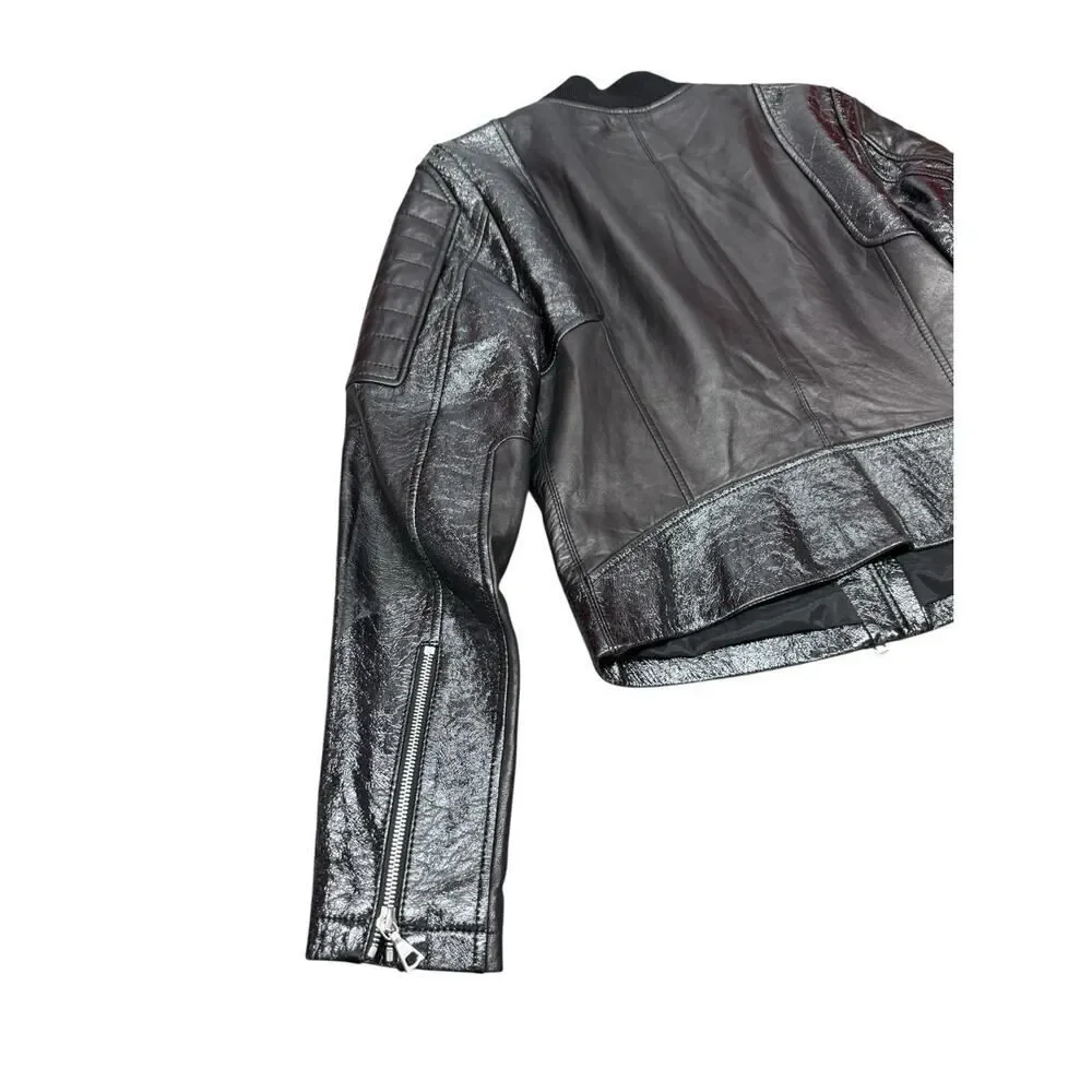 Theory Shezi Lamb Leather Moto Jacket Black Patent Crackled Zip M